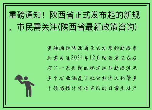 重磅通知！陕西省正式发布起的新规，市民需关注(陕西省最新政策咨询)
