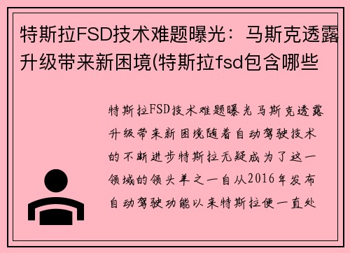 特斯拉FSD技术难题曝光：马斯克透露升级带来新困境(特斯拉fsd包含哪些功能)