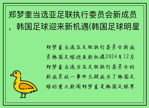 郑梦奎当选亚足联执行委员会新成员，韩国足球迎来新机遇(韩国足球明星郑)