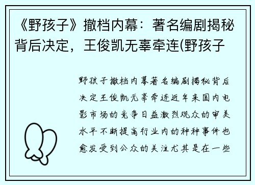 《野孩子》撤档内幕：著名编剧揭秘背后决定，王俊凯无辜牵连(野孩子 剧照)